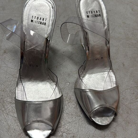 Stylish Silver Wedge Heels with Clear Straps - Stuart Weitzman Heels - Size 8 - Picture 3 of 4